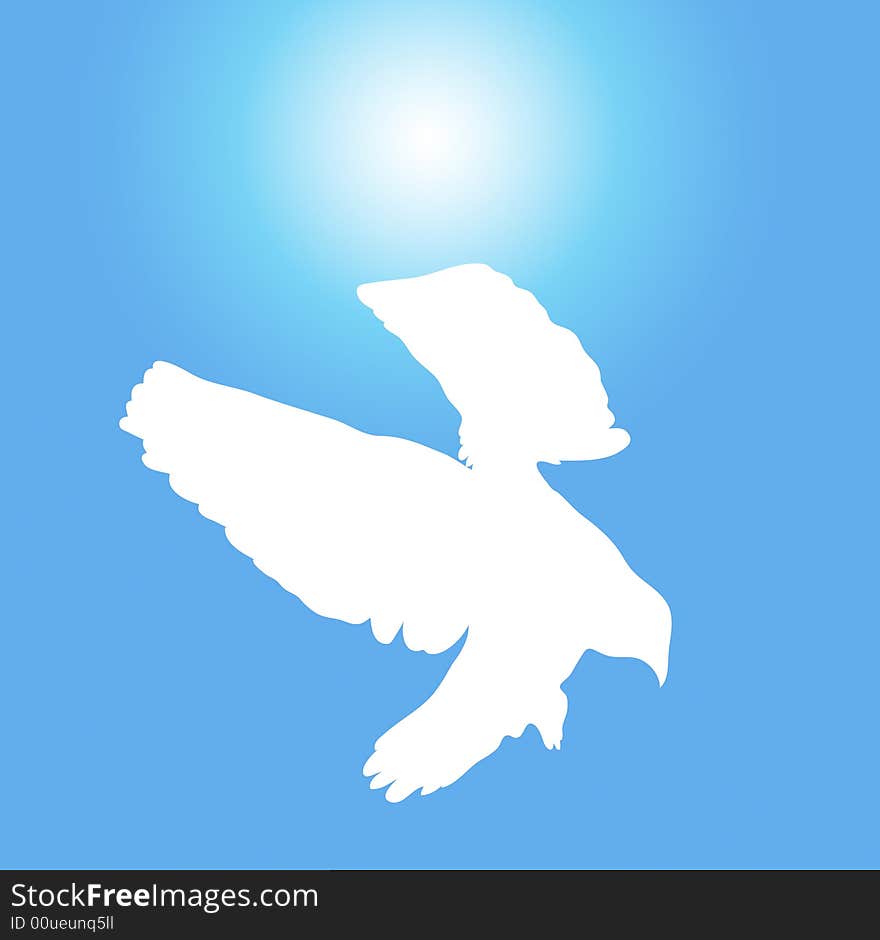 Illustration of white dove flying on sunny blue sky. Illustration of white dove flying on sunny blue sky