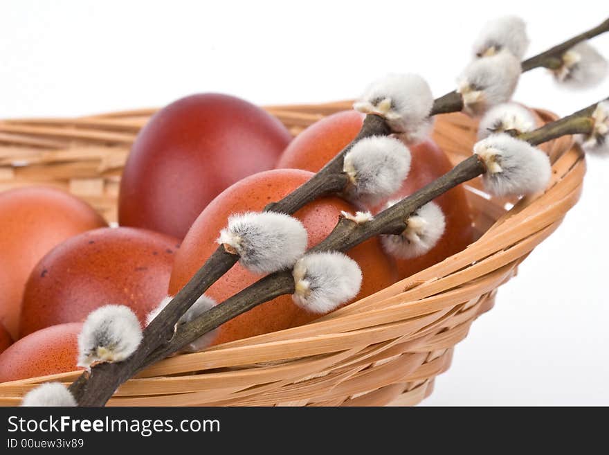 Easter eggs in a basket with catkins