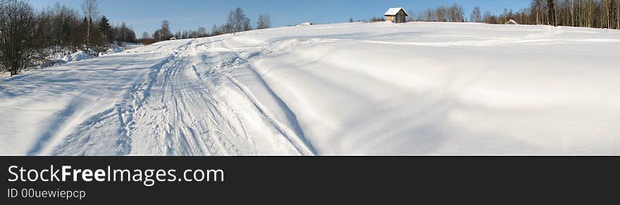 The winter panorama snow rural landscape country forest tree sky house road trope