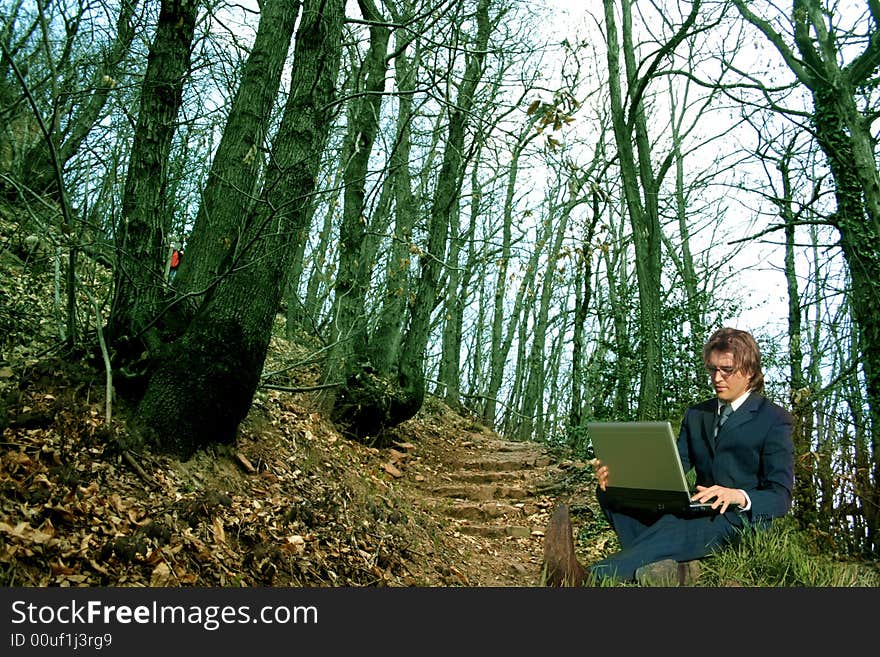 A business man with a laptop in a wood. A business man with a laptop in a wood