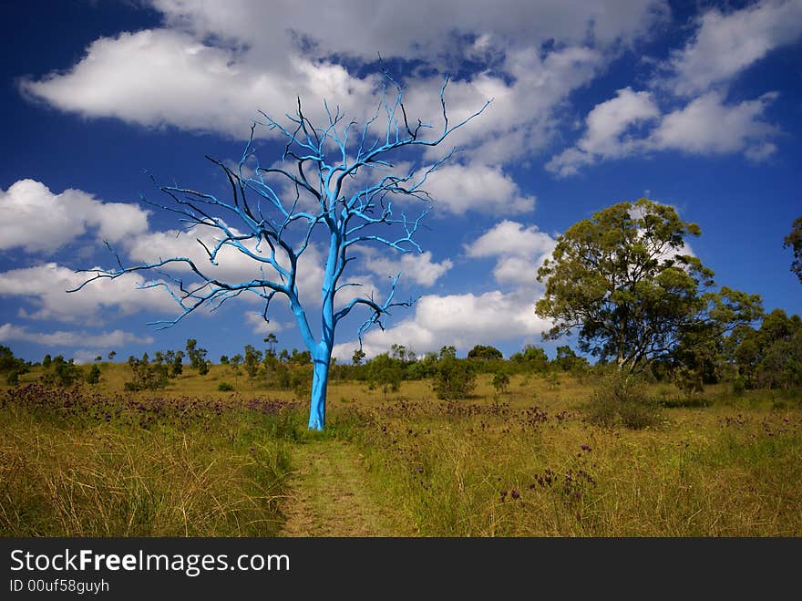 Untraditionaly blue painted tree on green meadow. Untraditionaly blue painted tree on green meadow