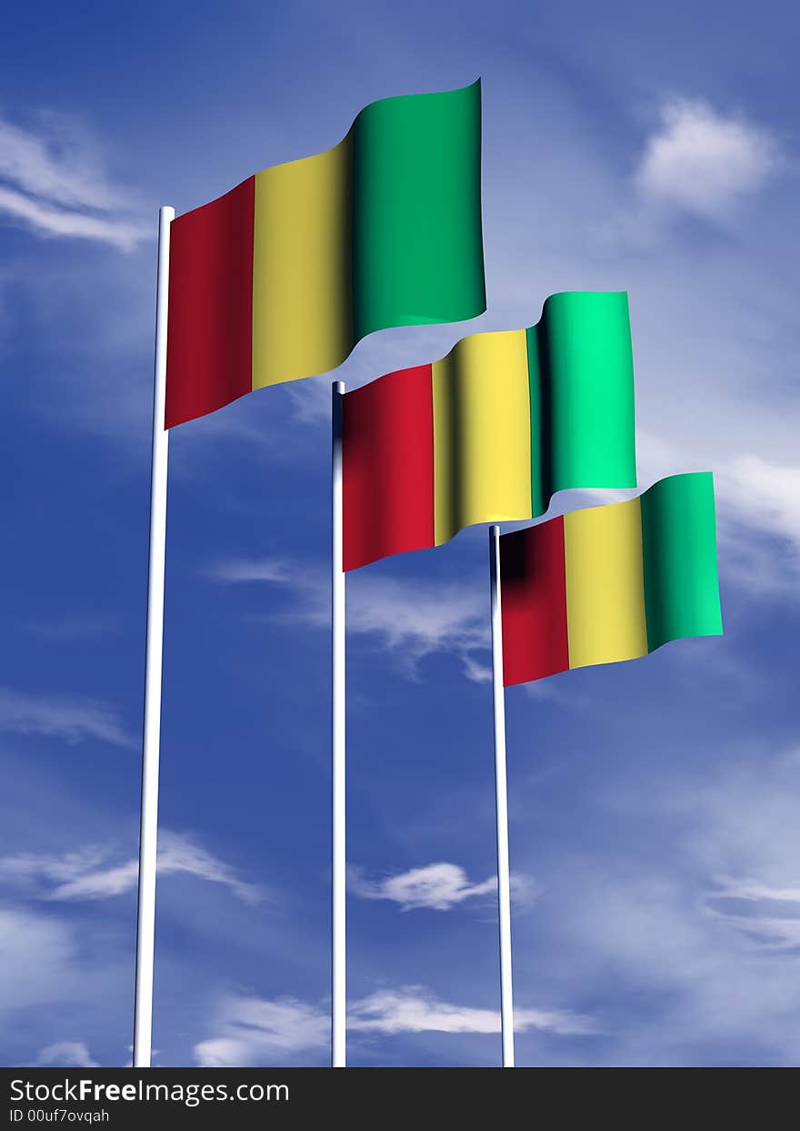 The flag of Guinea under a blue sky. The flag of Guinea under a blue sky