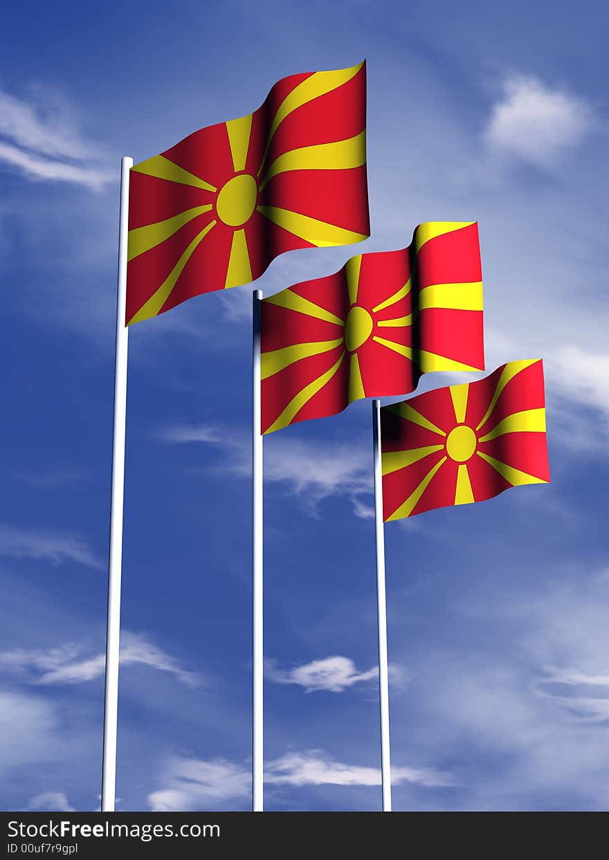 The flag of Macedonia flies in front of a blue sky. The flag of Macedonia flies in front of a blue sky