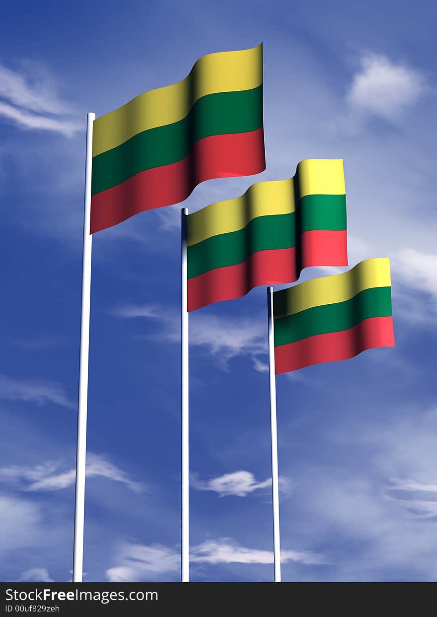 The flag of Lithuania flies in front of a blue sky. The flag of Lithuania flies in front of a blue sky