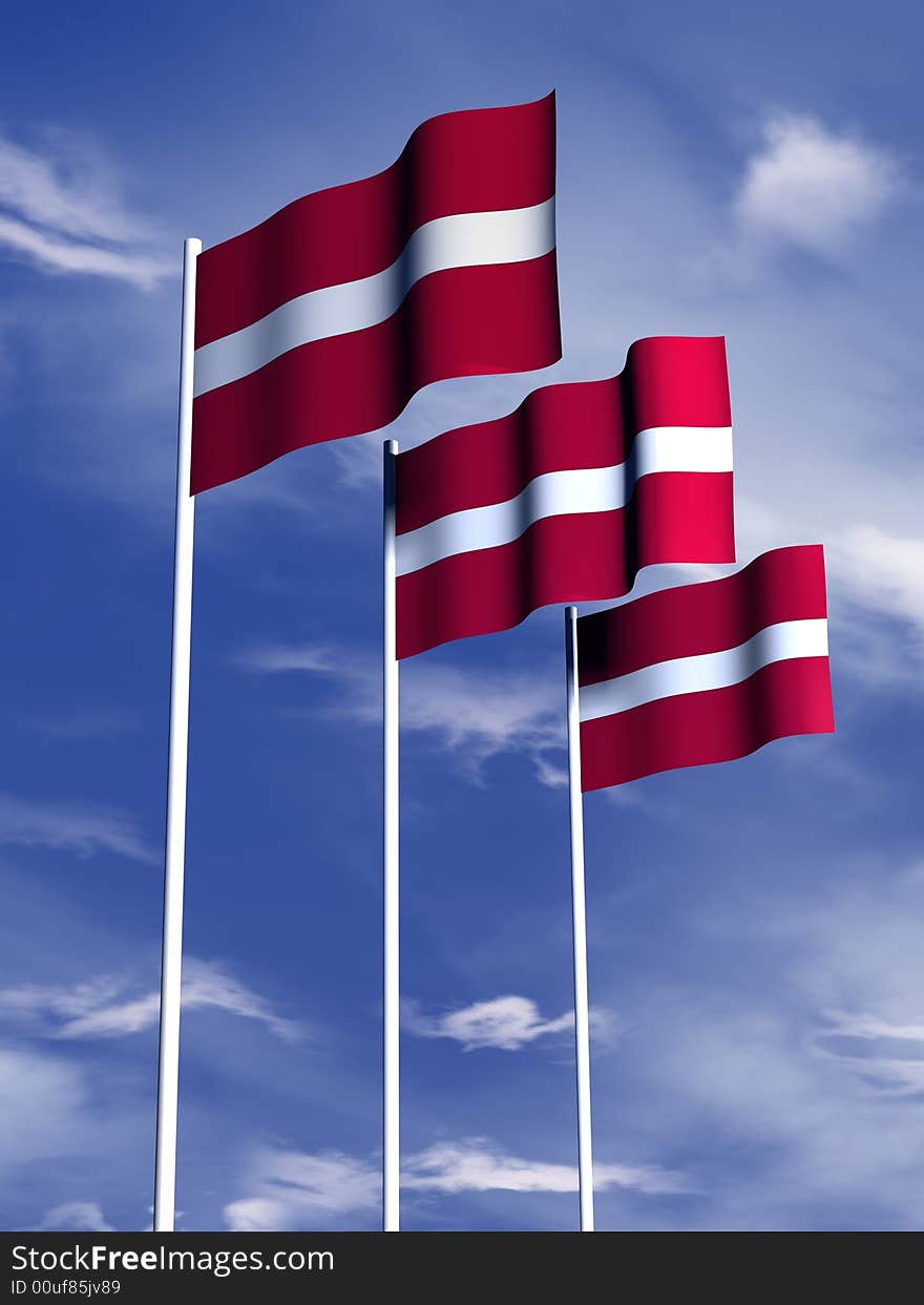 The flag of Latvia flies in front of a blue sky. The flag of Latvia flies in front of a blue sky