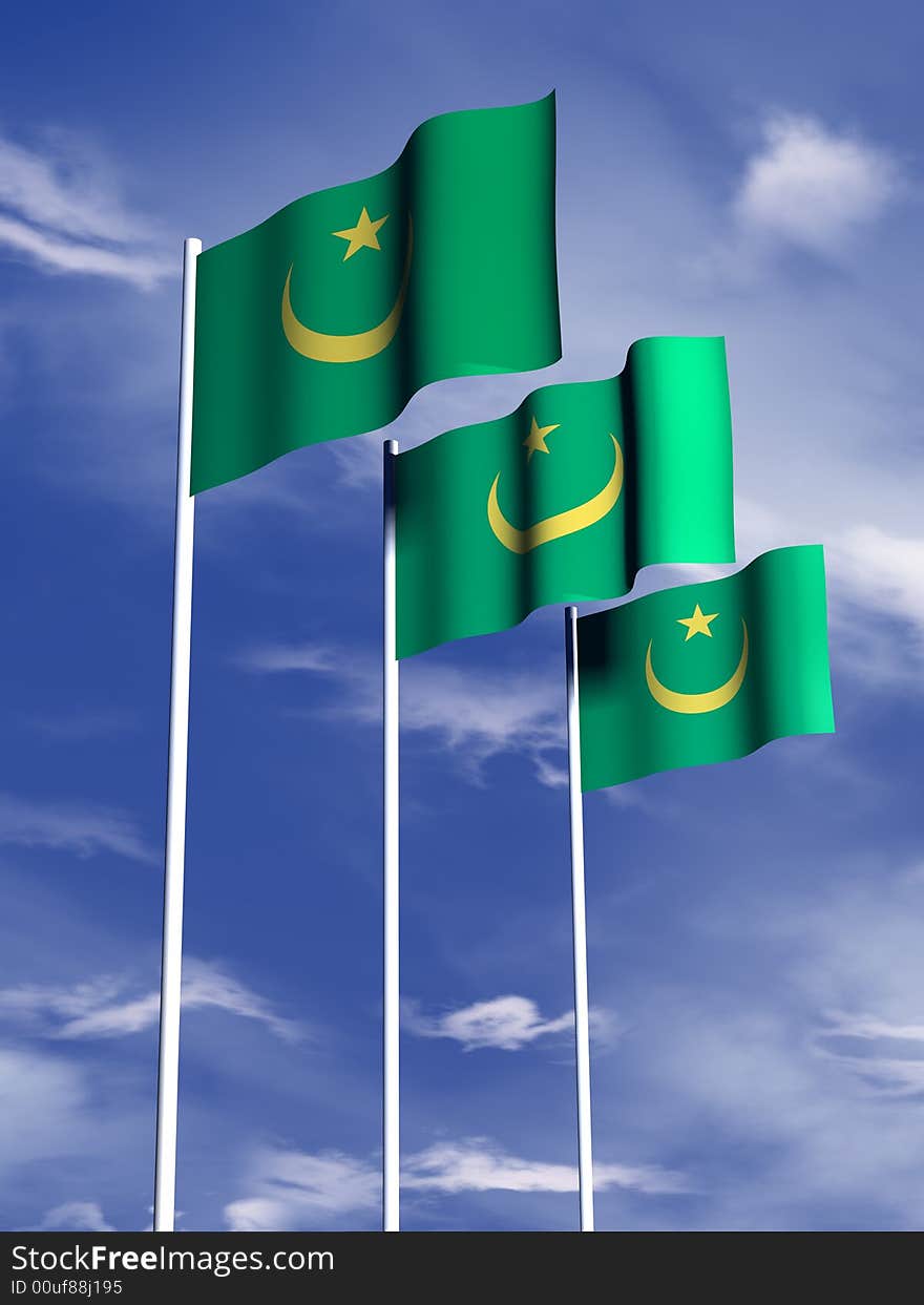 The flag of Mauritania flies in front of a blue sky. The flag of Mauritania flies in front of a blue sky