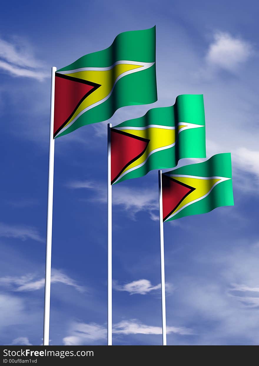 The flag of Guyana flies in front of a blue sky. The flag of Guyana flies in front of a blue sky