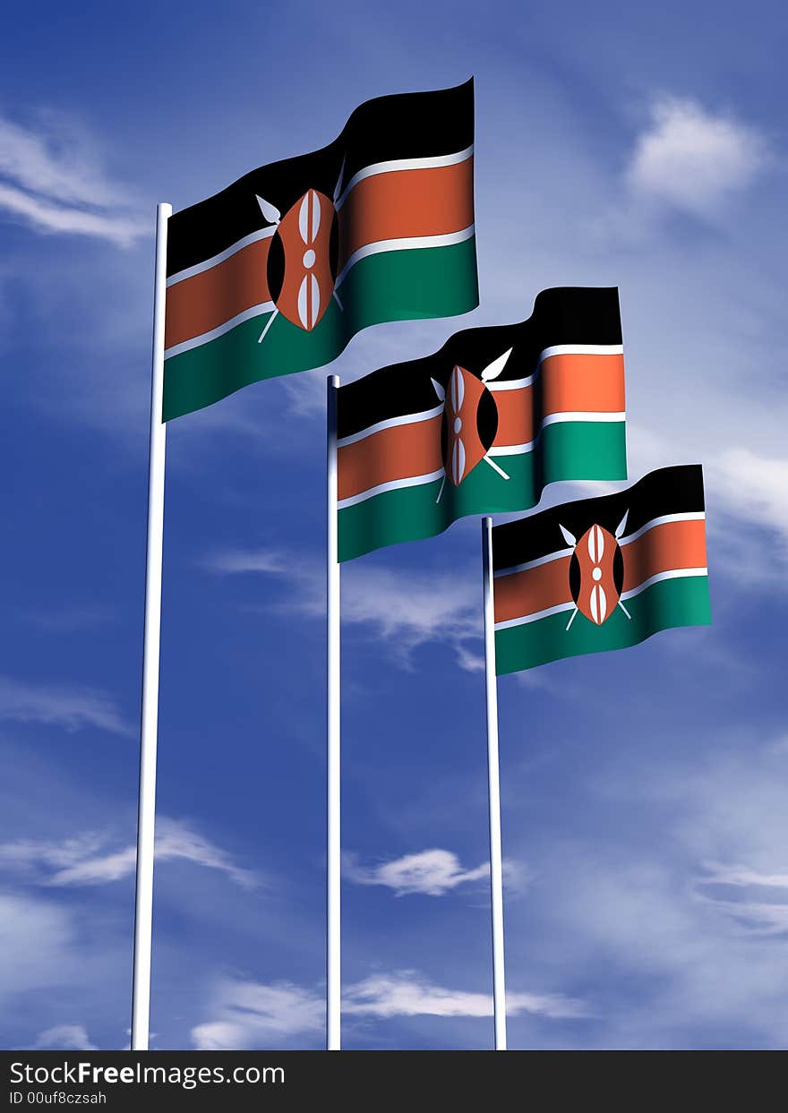 The flag of Kenya flies in front of a blue sky. The flag of Kenya flies in front of a blue sky