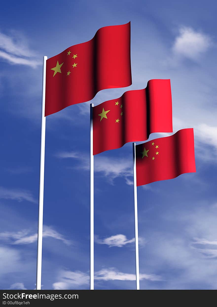 The flag of China flies in front of a blue sky. The flag of China flies in front of a blue sky