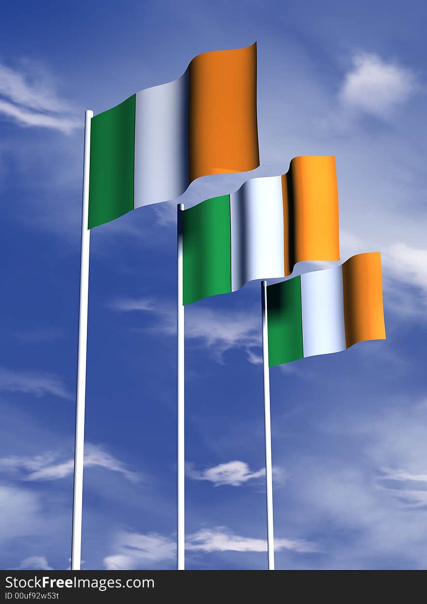 The flag of Ireland flying under a blue sky. The flag of Ireland flying under a blue sky