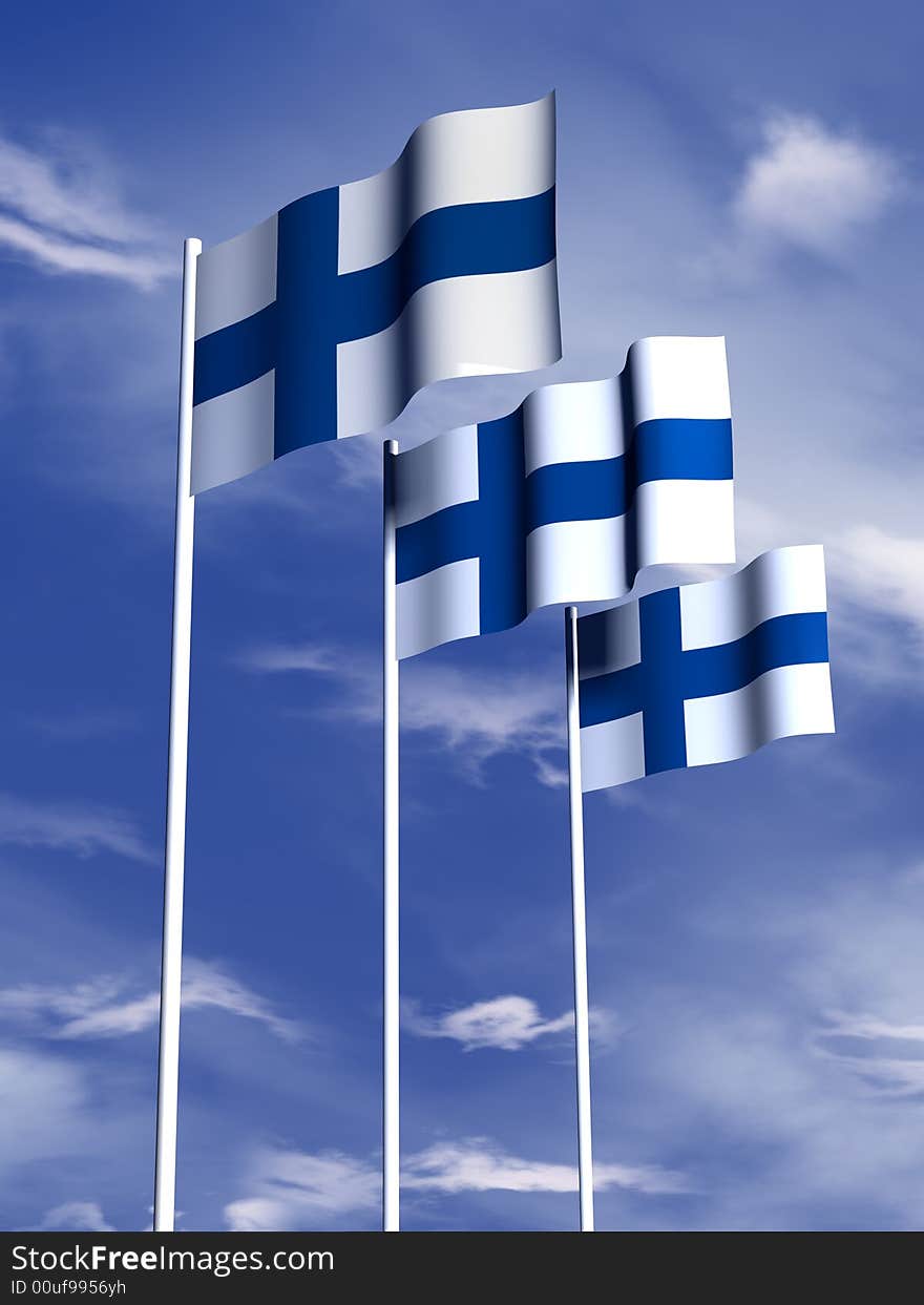 The flag of Finland flying under a blue sky. The flag of Finland flying under a blue sky