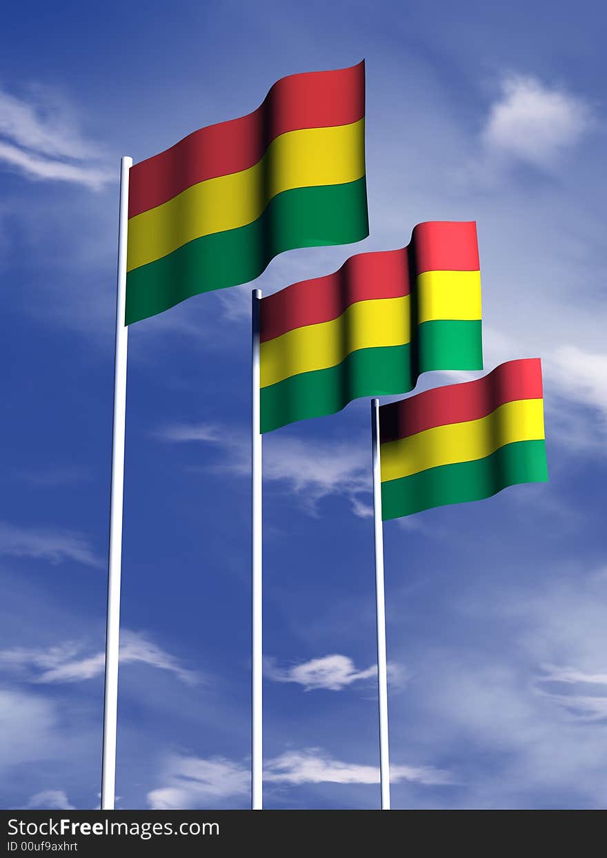 The flag of Bolivia flying under a blue sky. The flag of Bolivia flying under a blue sky