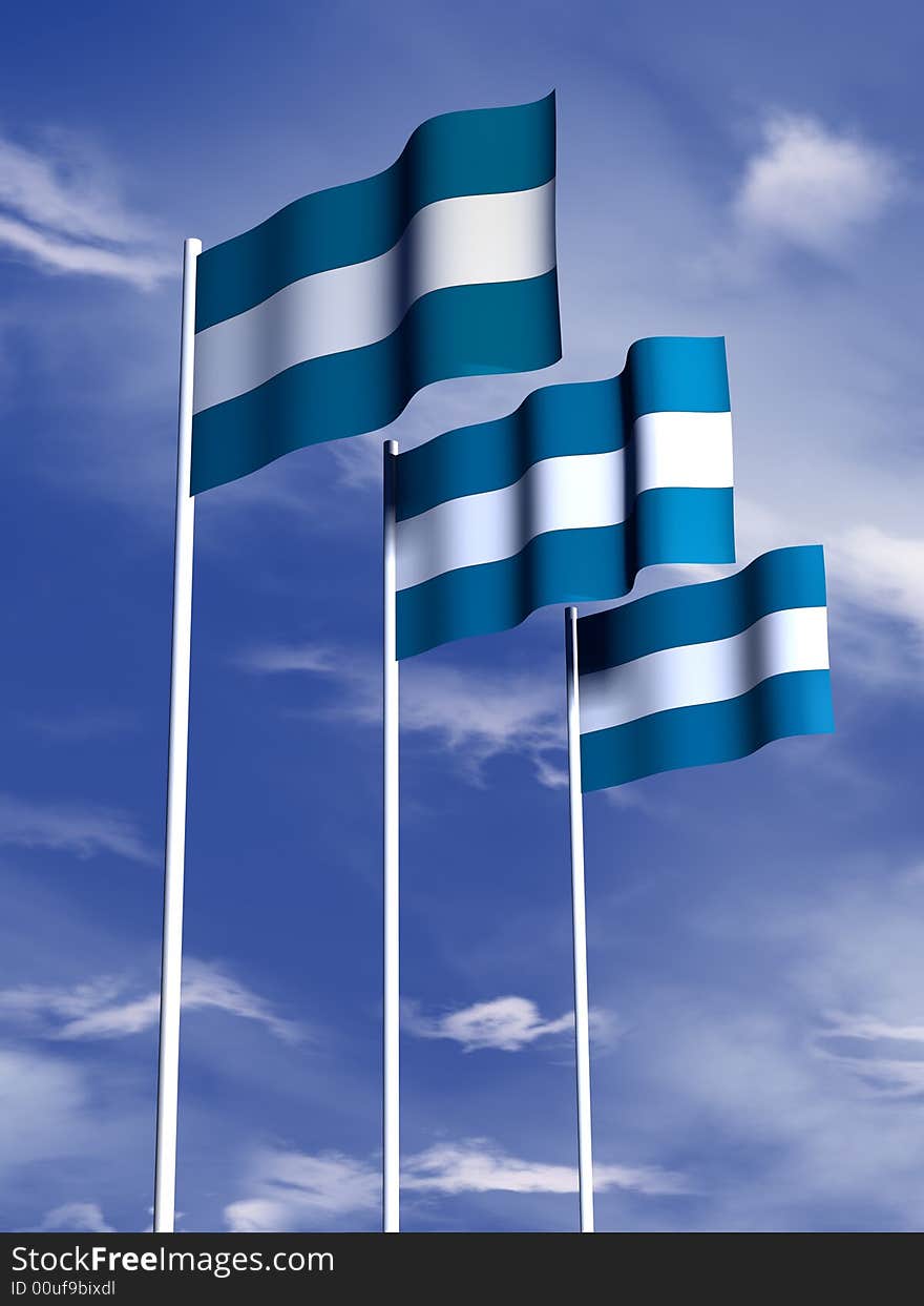 The flag of El Salvador flying under a blue sky. The flag of El Salvador flying under a blue sky