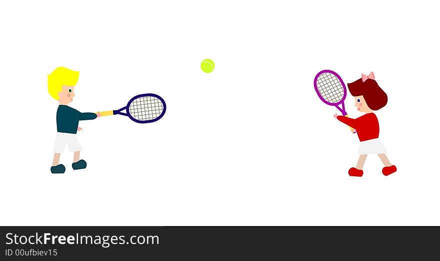 Two children playing tennis in white background