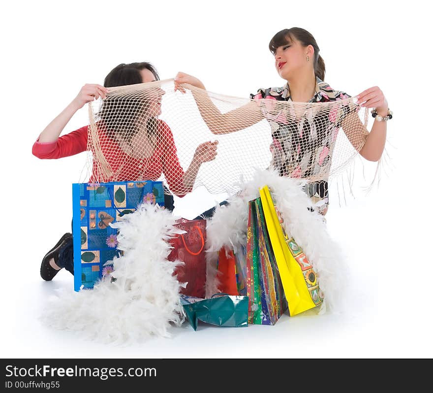 Expressive girls  on white background  shopping. Expressive girls  on white background  shopping