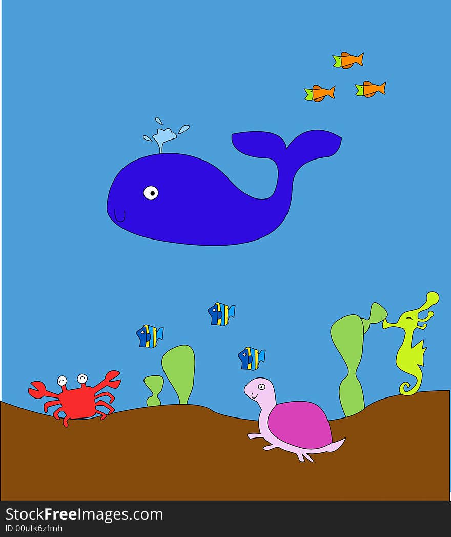 Cute seahorse,blue whale,turtle,crab,fish. Cute seahorse,blue whale,turtle,crab,fish