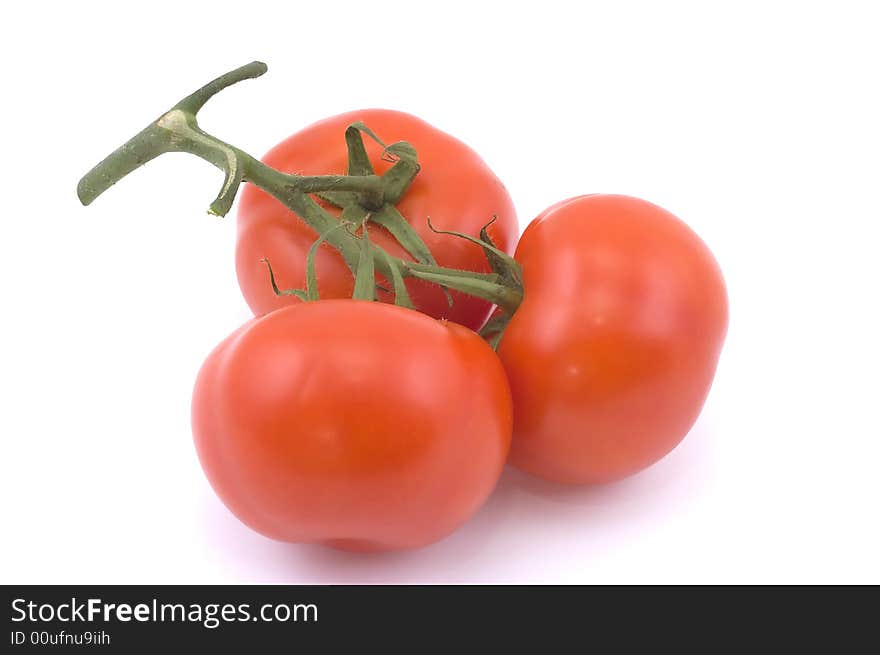 Three full red tomatoes on a branch.