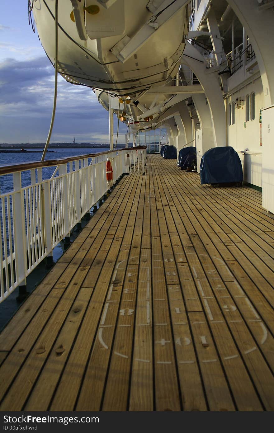 Cruise ship wooden deck exterior.