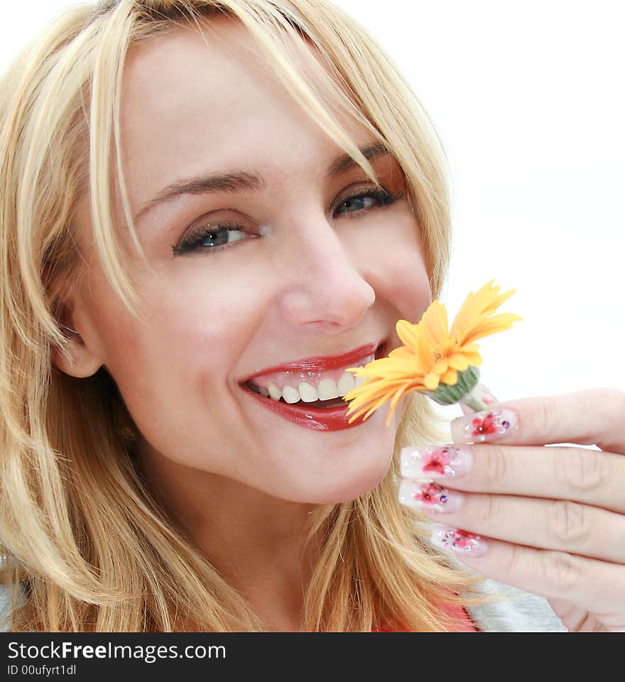 Portrait of beautiful young woman with yellow flower. Portrait of beautiful young woman with yellow flower