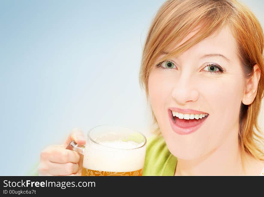 Young woman with a big glass beer. Young woman with a big glass beer