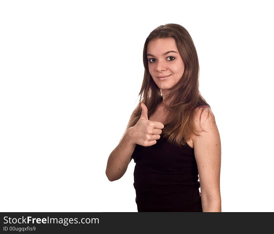 Young woman giving the thumbs up sign. Isolated on a white background. Young woman giving the thumbs up sign. Isolated on a white background