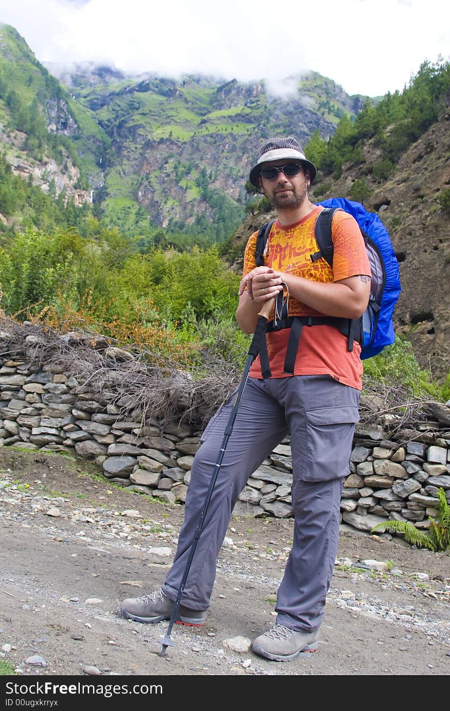 Trekker On The Road. Nepal Annapurna Trekking.