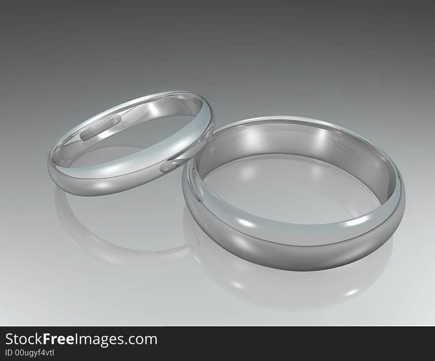 CG illustration of overlapping platinum wedding rings on a glass surface.