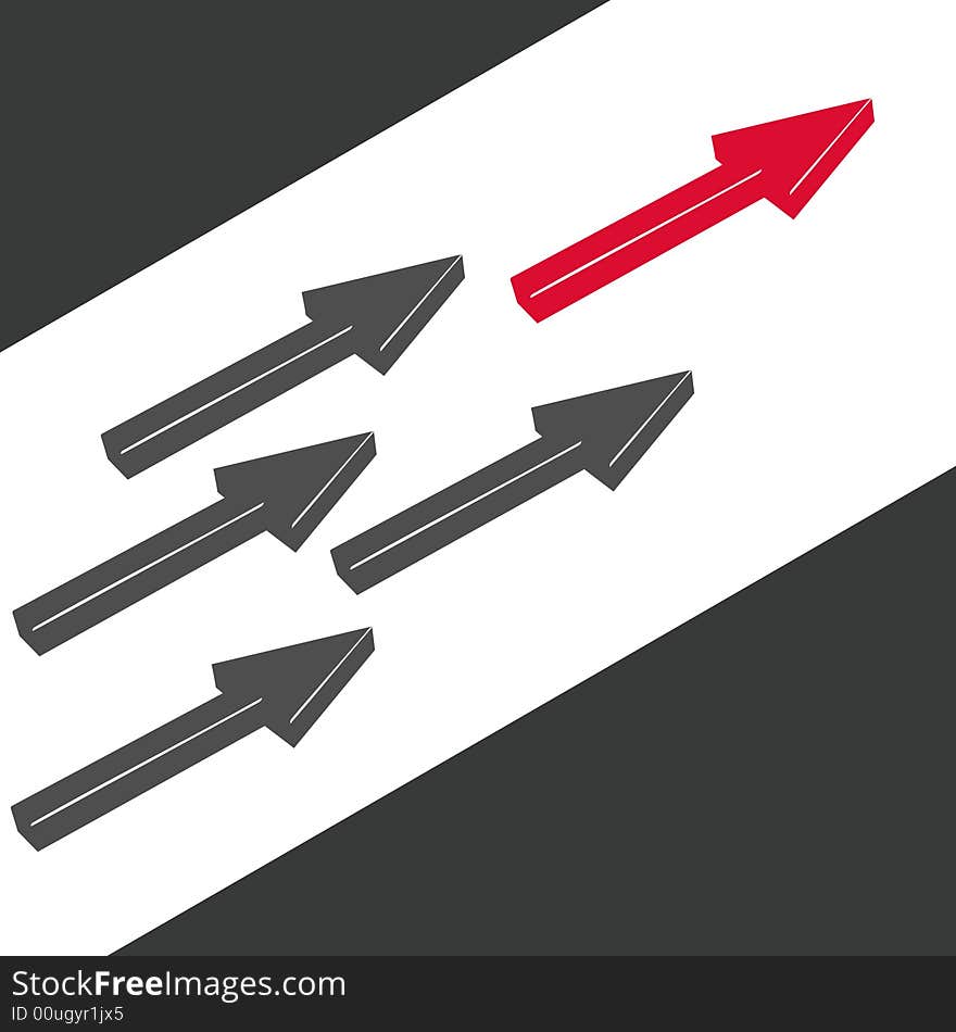 Vector illustration of a red arrow ahead of four gray arrows in a race. Vector illustration of a red arrow ahead of four gray arrows in a race