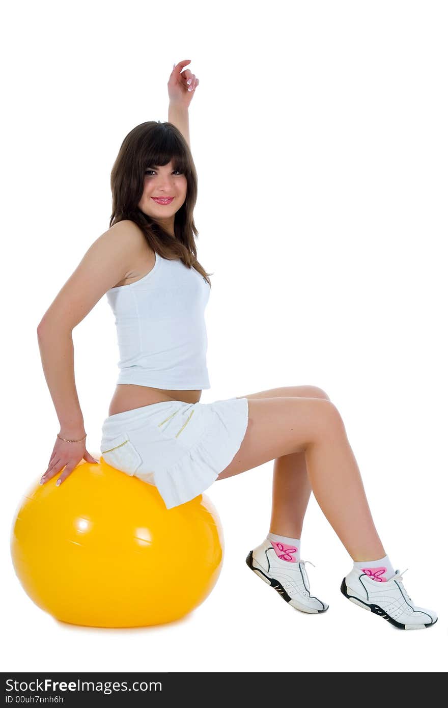 Girl practicing fitness  on  white  background