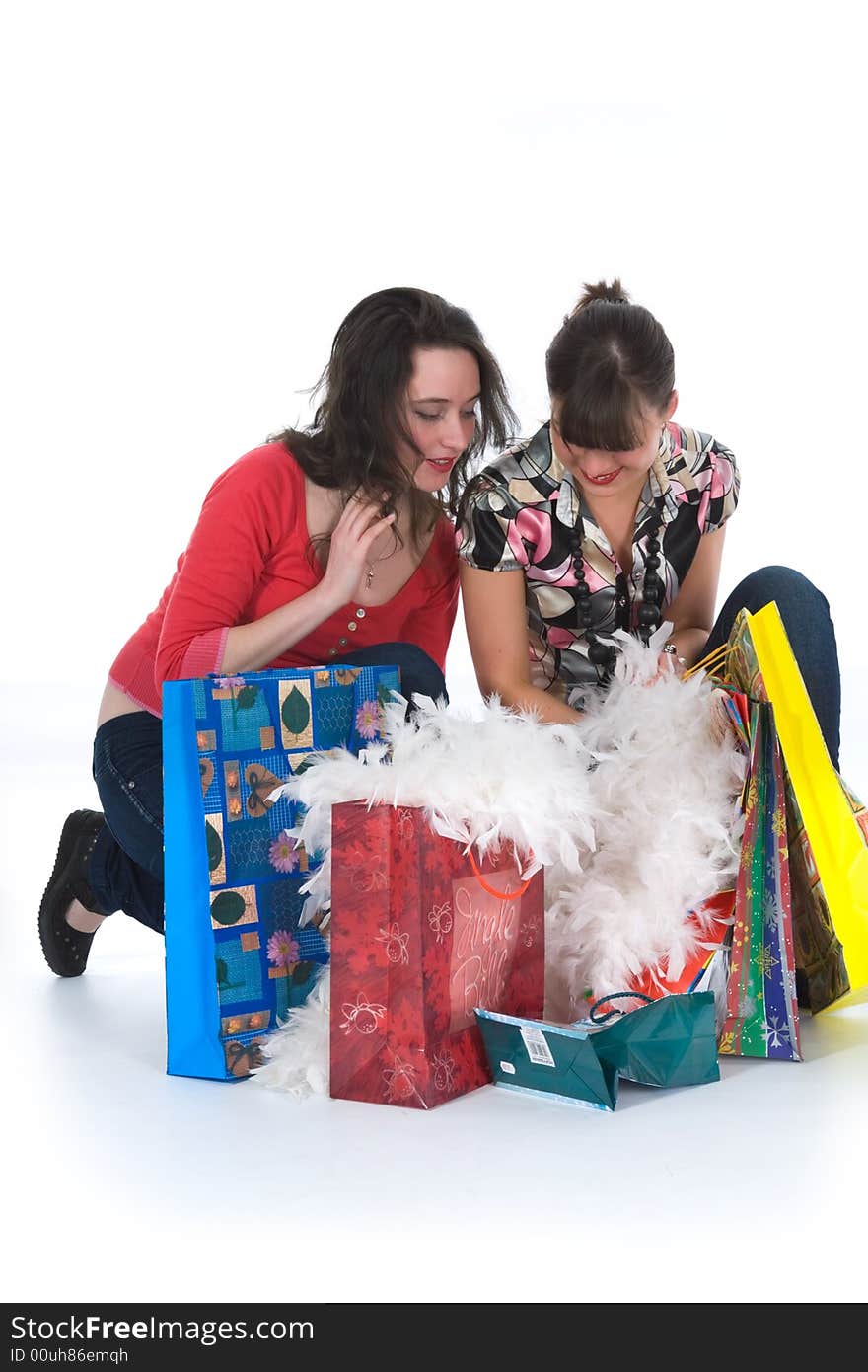 Expressive girls  on white background  shopping. Expressive girls  on white background  shopping