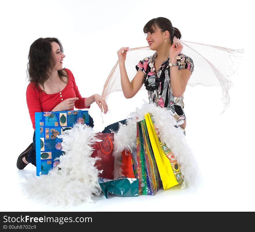 Expressive girls  on white background  shopping. Expressive girls  on white background  shopping