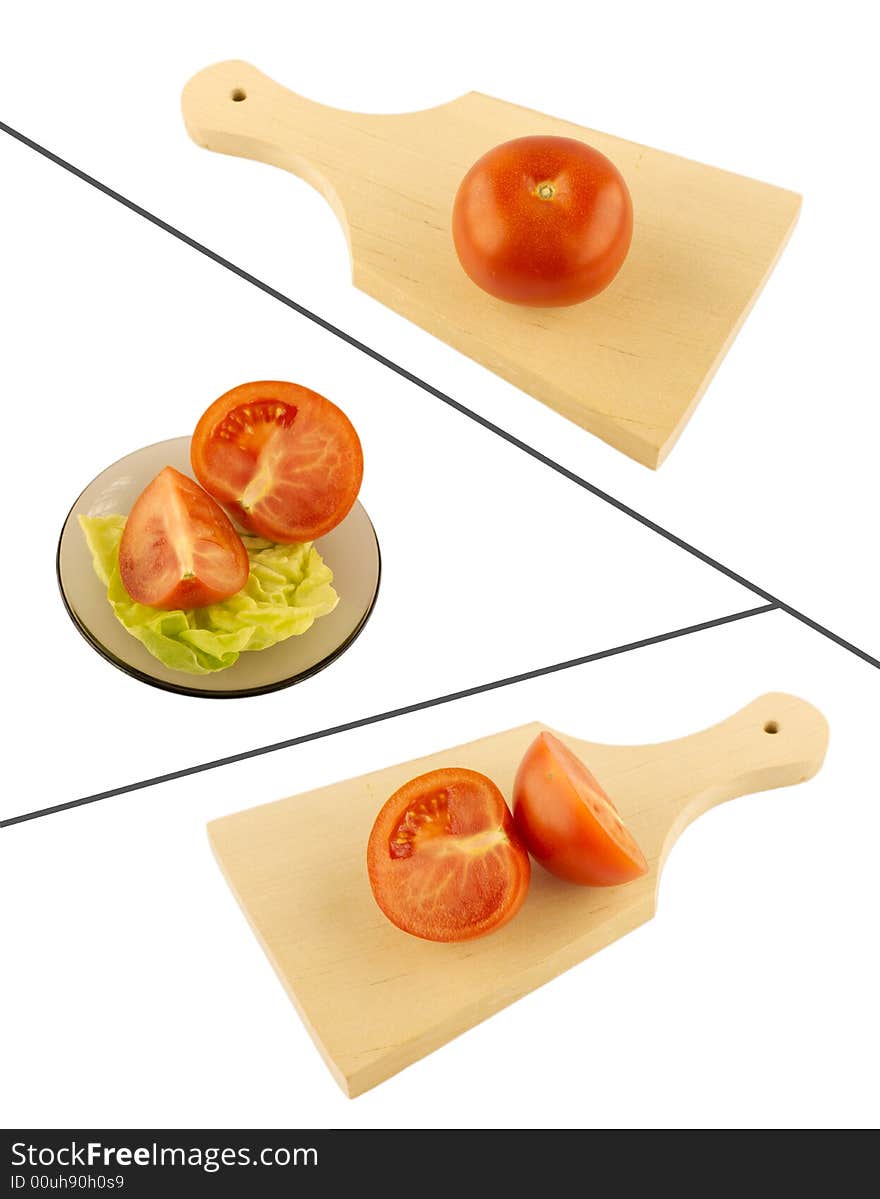 Fresh tomato slices on a wooden cutting board, tomato sliced on a plate with lettuce. Fresh tomato slices on a wooden cutting board, tomato sliced on a plate with lettuce