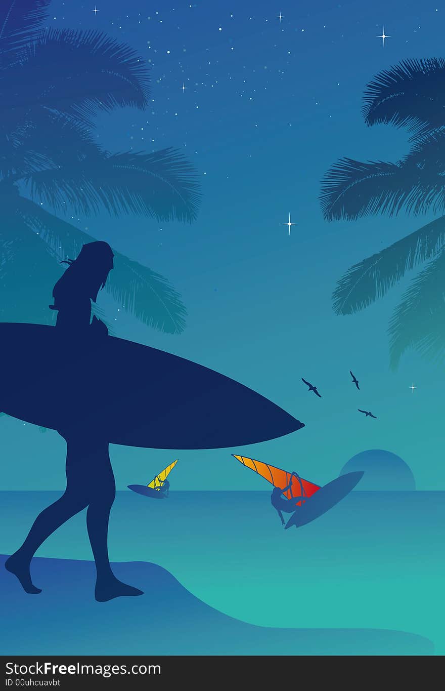 Surfer in the sunset vector illustration