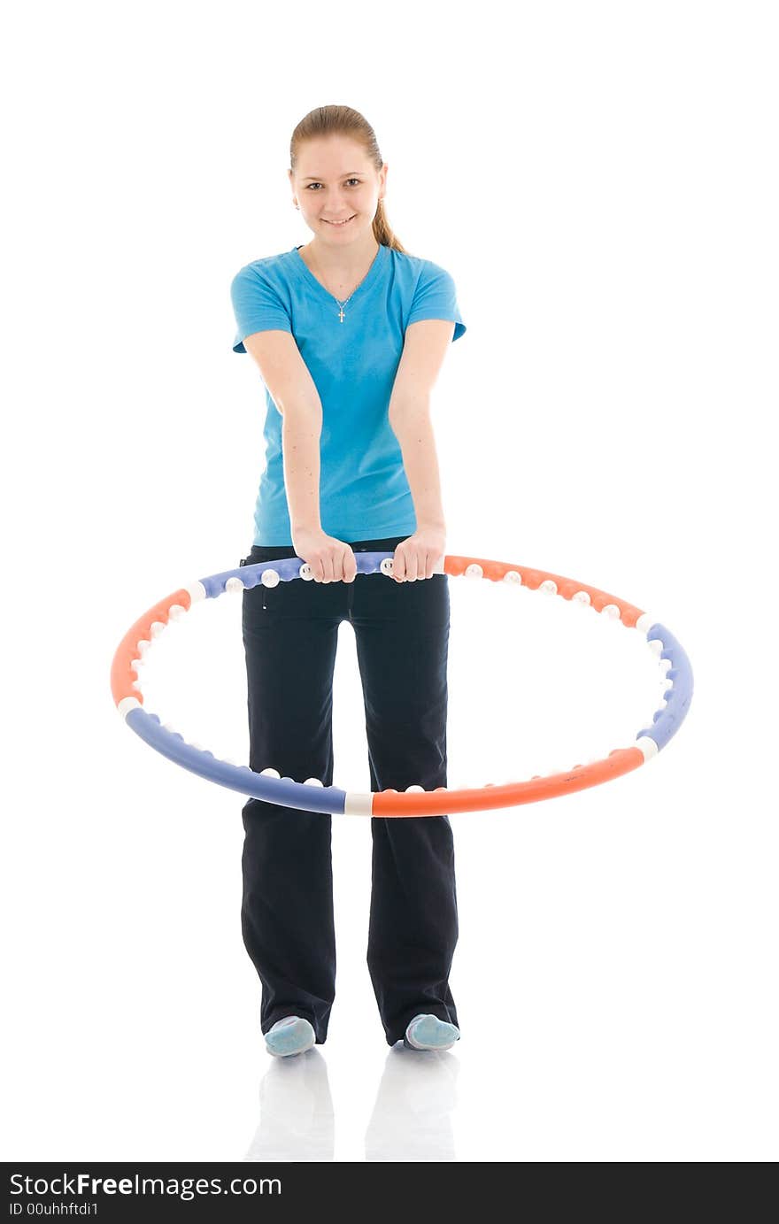 The young woman with the hoop isolated on a white