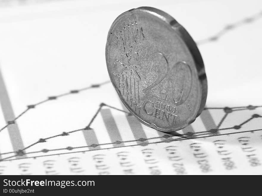 Euro coins on financial graphs. close-up. Euro coins on financial graphs. close-up