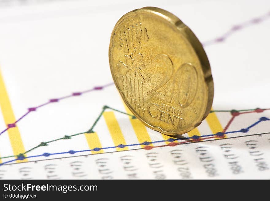 Euro coins on financial graphs. close-up. Color. Euro coins on financial graphs. close-up. Color.