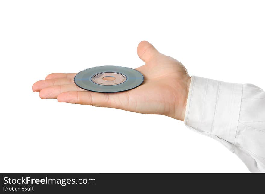 Businessman hand, holding cd isolated on white