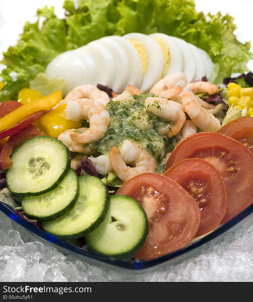 Shrimp salad and eggs, closeup. Shrimp salad and eggs, closeup