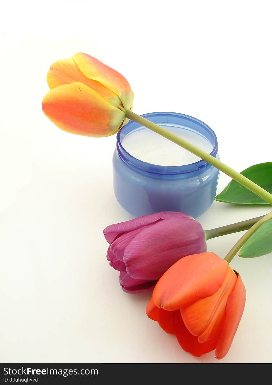 Colorful tulips and cream isolated