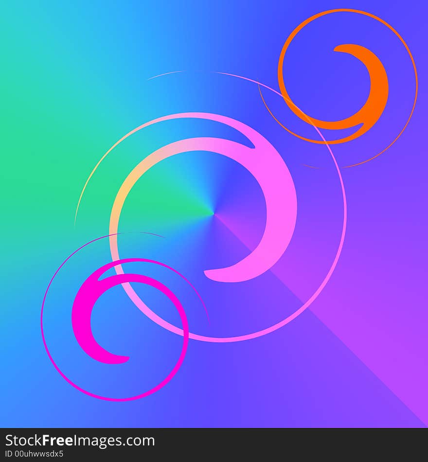 Square design with 3 colored swirls on blue,green and magenta background. Square design with 3 colored swirls on blue,green and magenta background