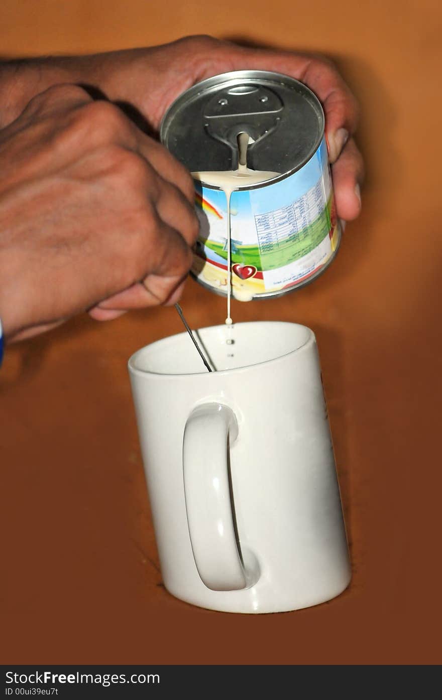 Pouring milk to a tea cup to make tea. Pouring milk to a tea cup to make tea