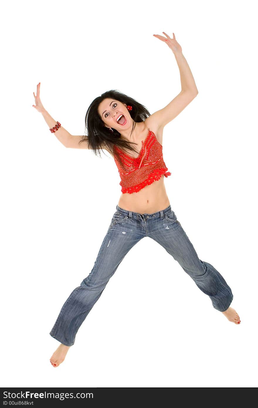 Picture of happy woman over white background