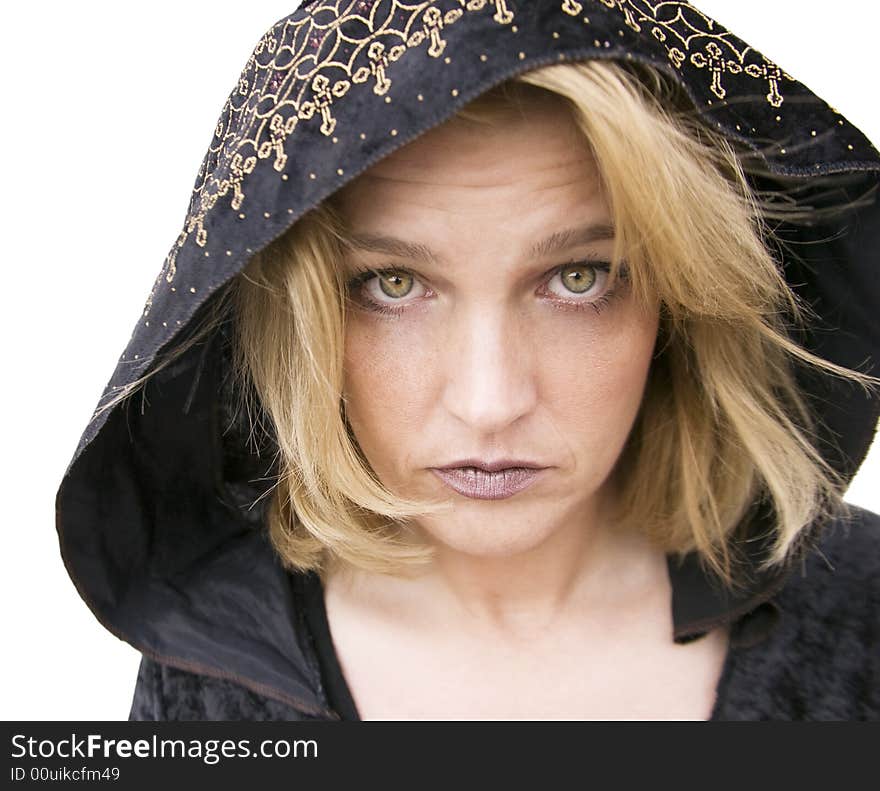 New Age Woman with Green Eyes Wearing a Hood. New Age Woman with Green Eyes Wearing a Hood