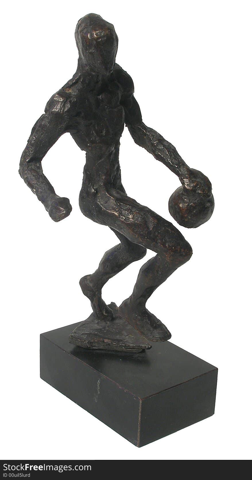 Close up of a bronze statue of a basketball player over white background, side view. Close up of a bronze statue of a basketball player over white background, side view