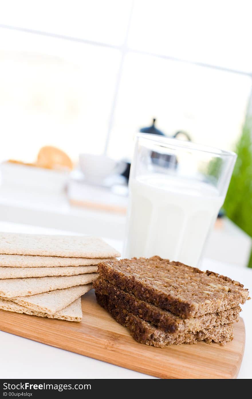 Healthy breakfast / Milk, wholemeal bread and crack bread. Healthy breakfast / Milk, wholemeal bread and crack bread