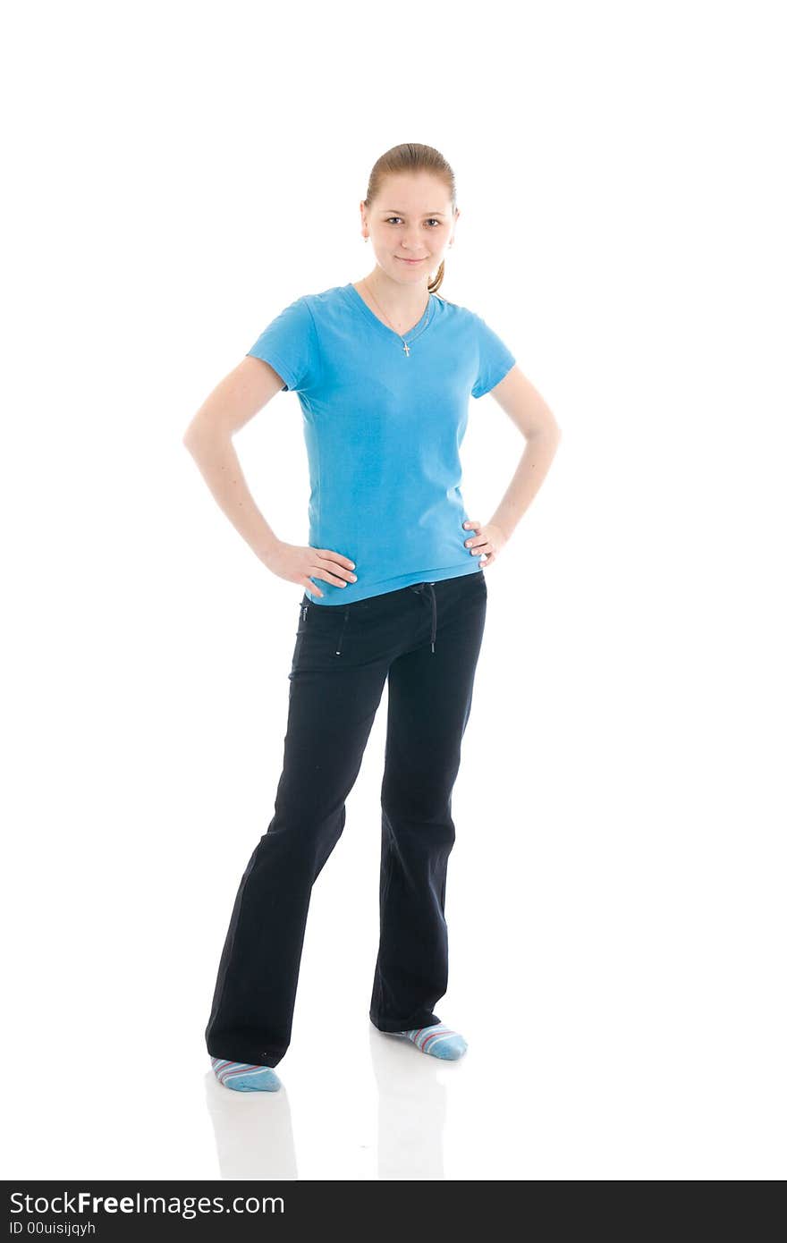 The young woman doing exercise isolated on a white background