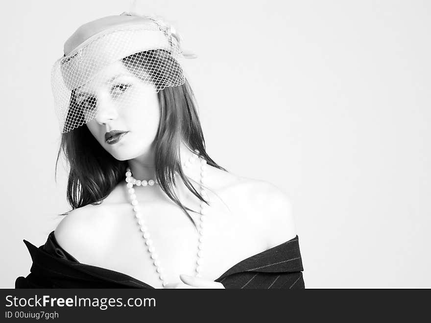 Retro Styled Woman In Hat at white background