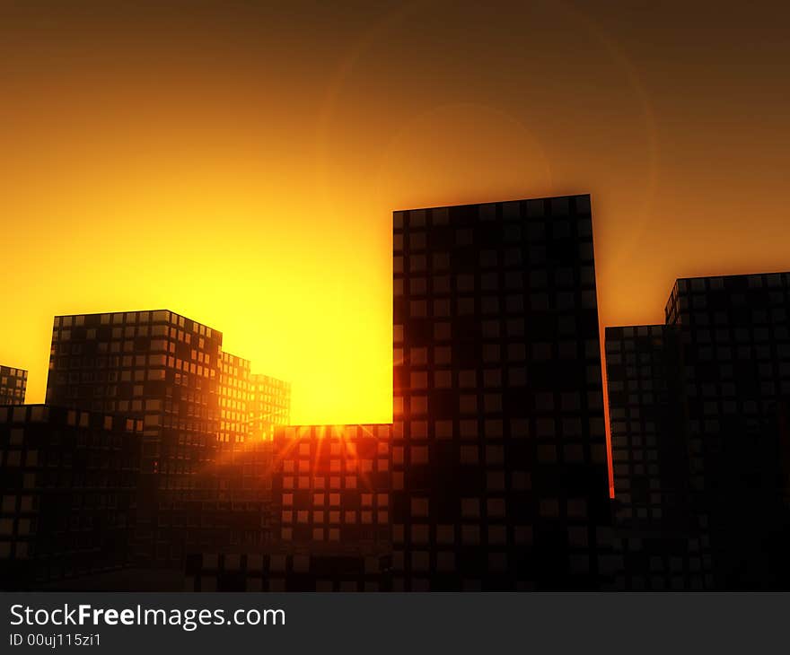 An image of a city full of skyscrapers with a setting or rising sun. An image of a city full of skyscrapers with a setting or rising sun.