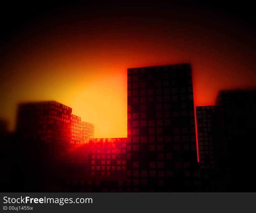 An image of a city full of skyscrapers with a setting or rising sun. An image of a city full of skyscrapers with a setting or rising sun.