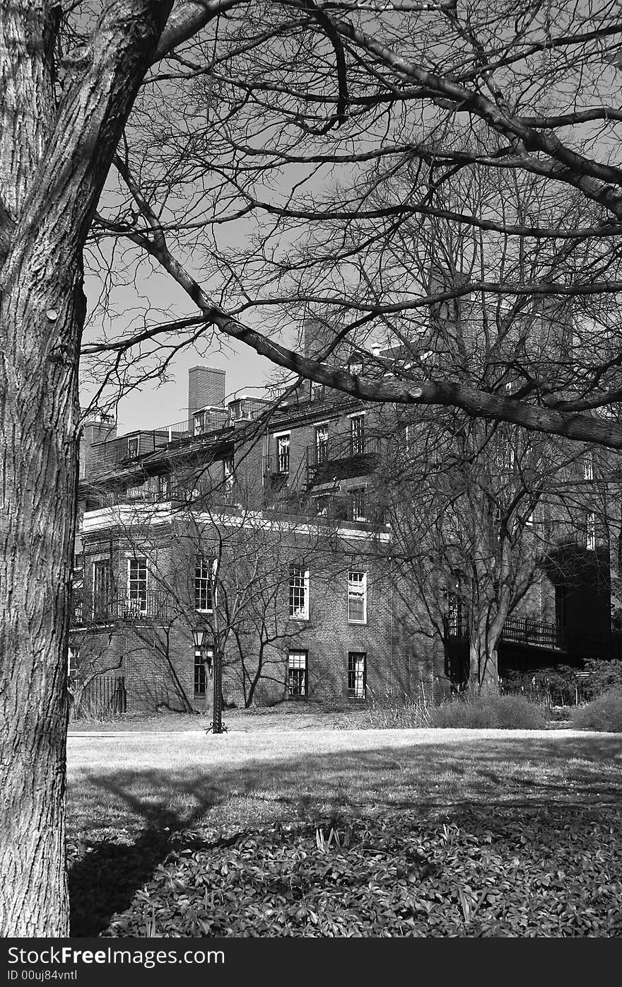 Haunting new england image of large old brick building hidden in the trees in black and white. Haunting new england image of large old brick building hidden in the trees in black and white